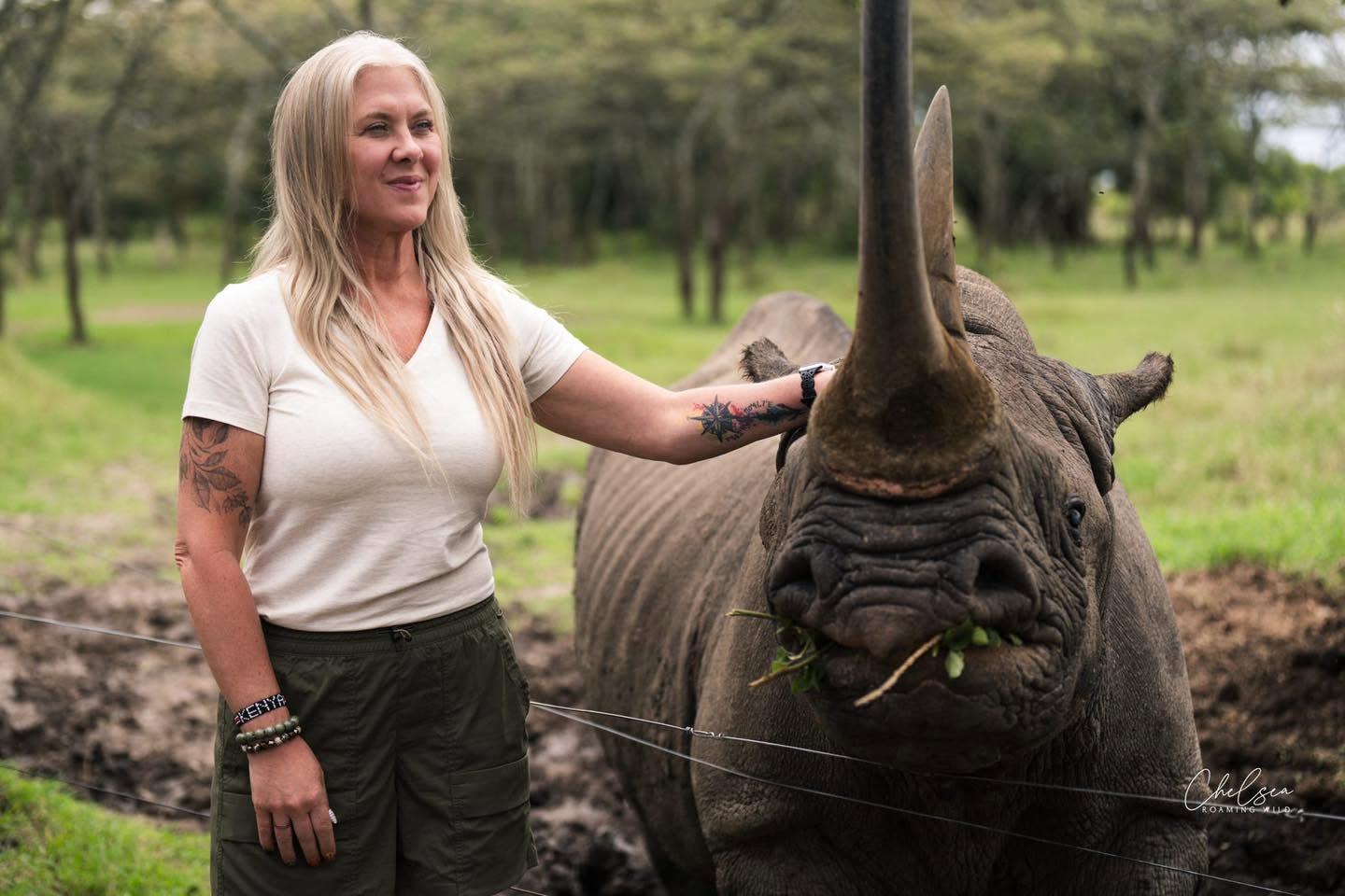 Jenipher Smith with a rhino during a safari in Kenya