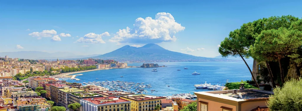 A panoramic view of Naples overlooking the Gulf and Mount Vesuvius