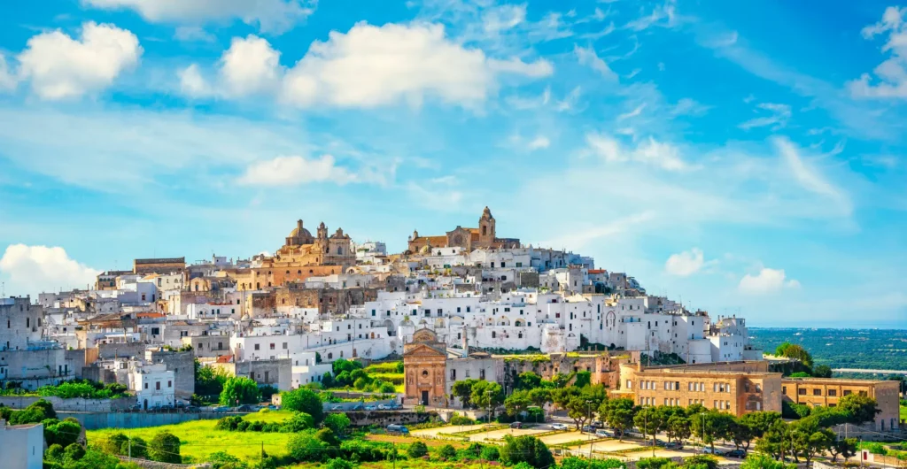 A panoramic view of the white hill town of Ostuni, Italy