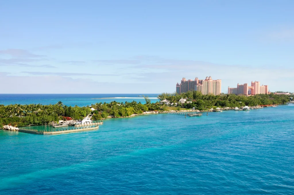 A serene view of Paradise Island surrounded by turquoise waters in the Bahamas