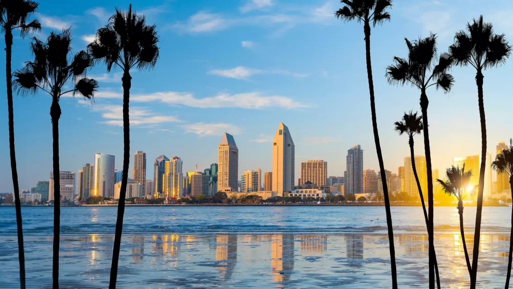 A stunning San Diego skyline at dawn with palm trees reflecting on the water