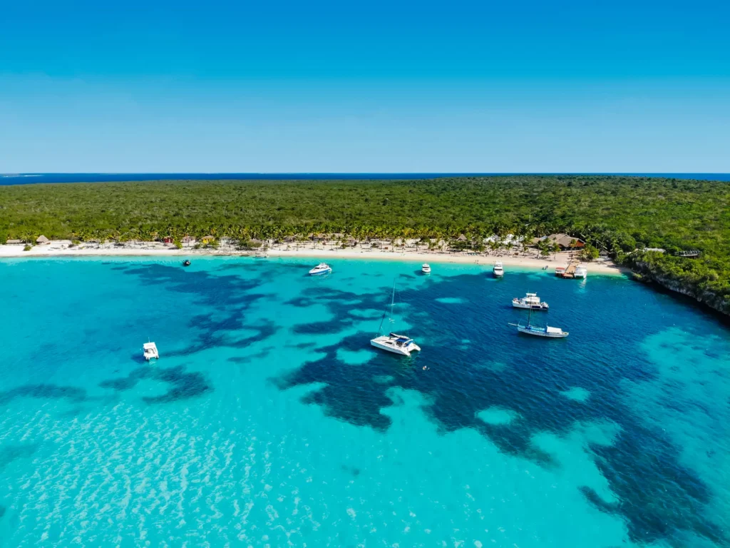 Aerial view of a clear sea and beach in the Dominican Republic
