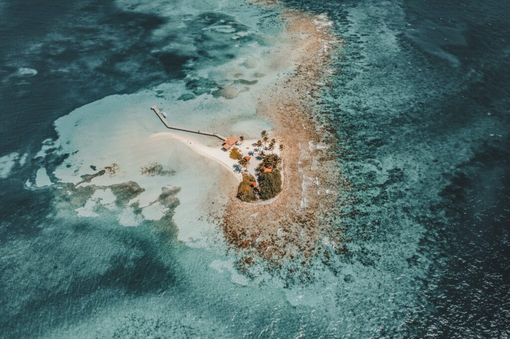 Aerial view of a sandbar island in the Caribbean