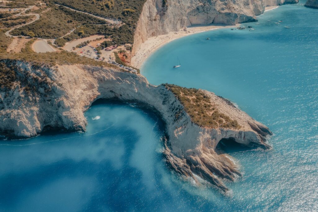 Aerial view of a turquoise cove on the Mediterranean coast