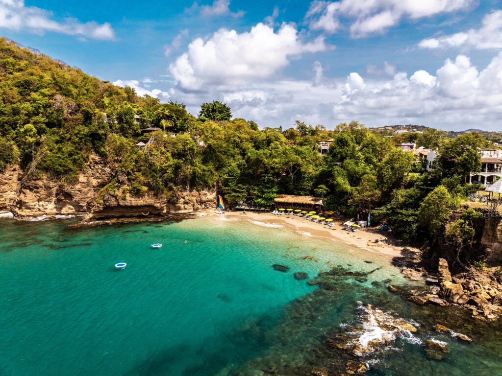 Aerial view of a Virgin Voyages ship off St. Lucia