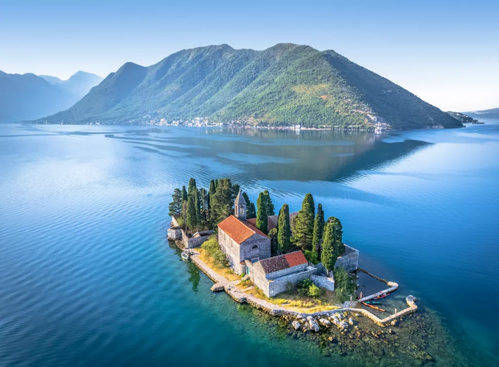 Aerial view of Our Lady of the Rocks island in the Bay of Kotor, Montenegro