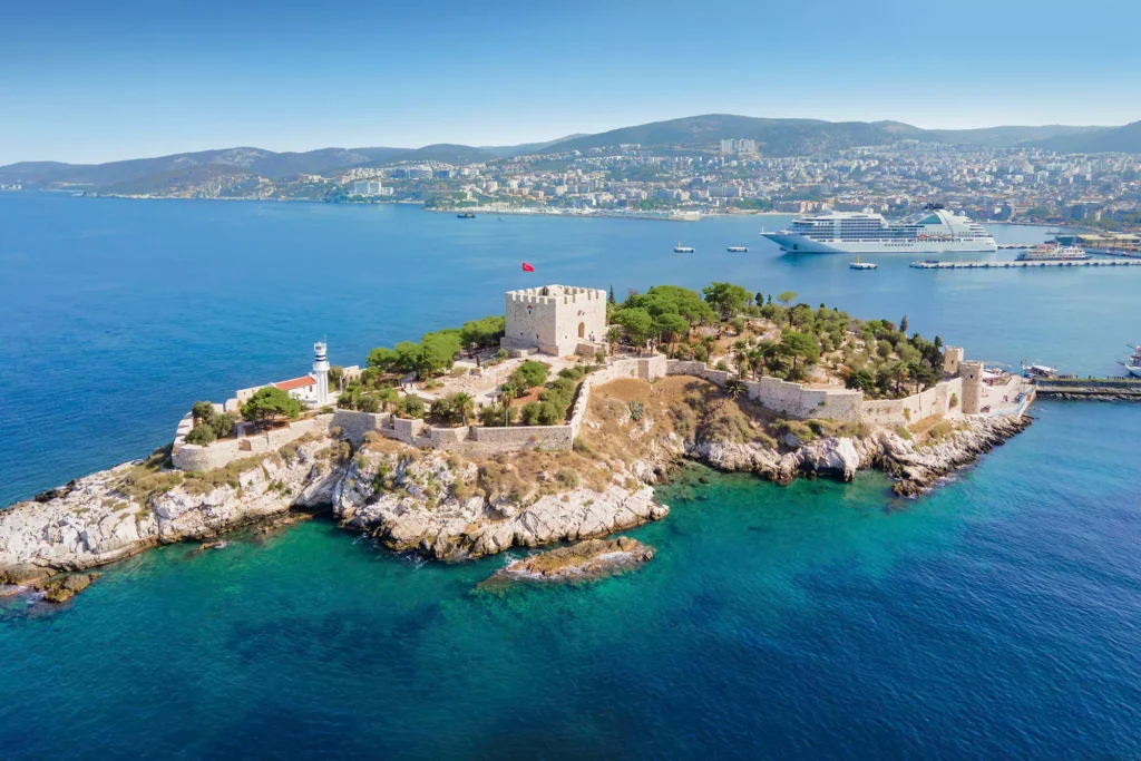 Aerial view of Pigeon Island and its historic fortress in Kusadasi, Turkey
