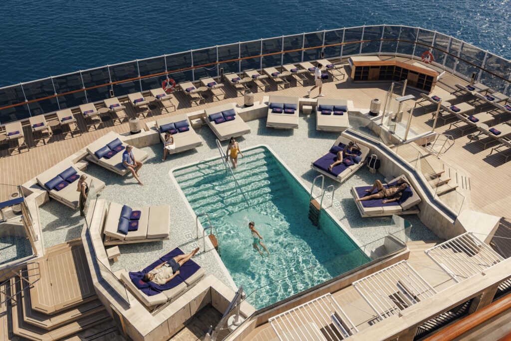 Aerial view of the pool deck aboard Explora Journeys