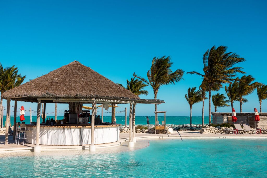 Bimini Beach Club pool and palapa bar in the Bahamas