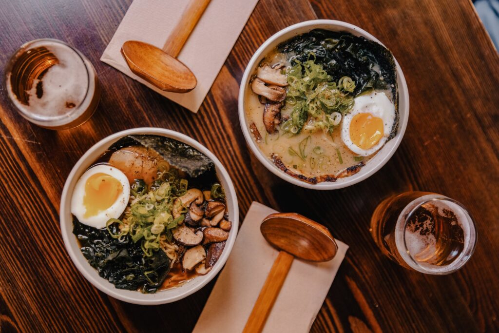 Bowls of noodles and Asian dishes