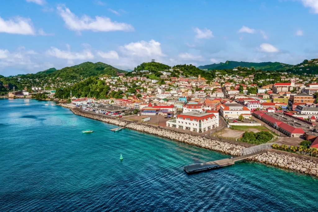 Colorful buildings by the turquoise sea in St. George's, Grenada