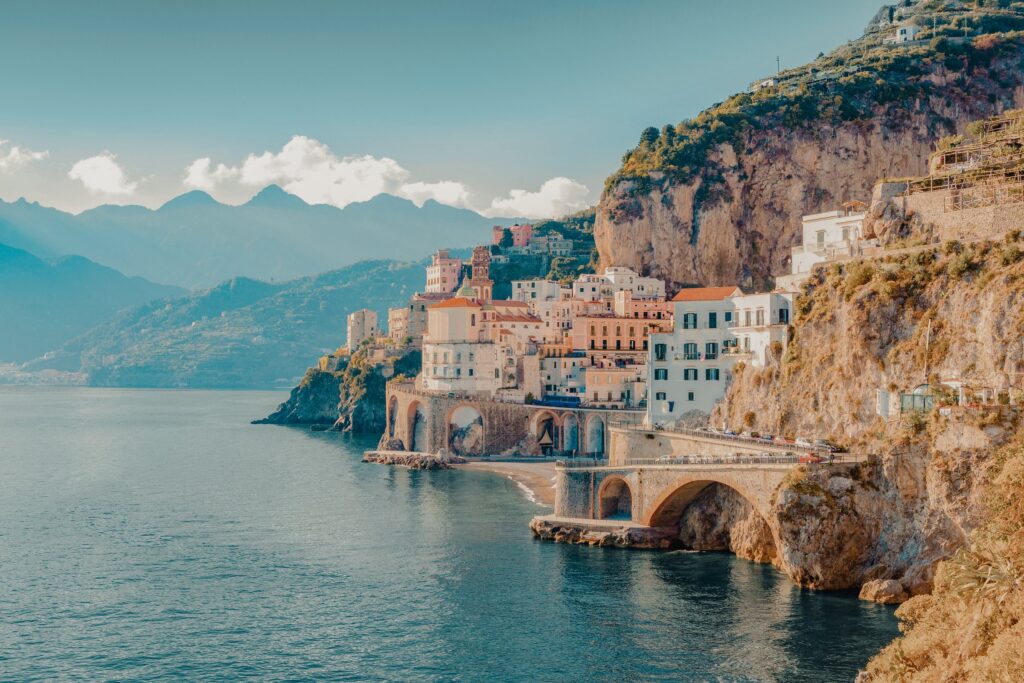 Colorful cliffside village above the Mediterranean Sea