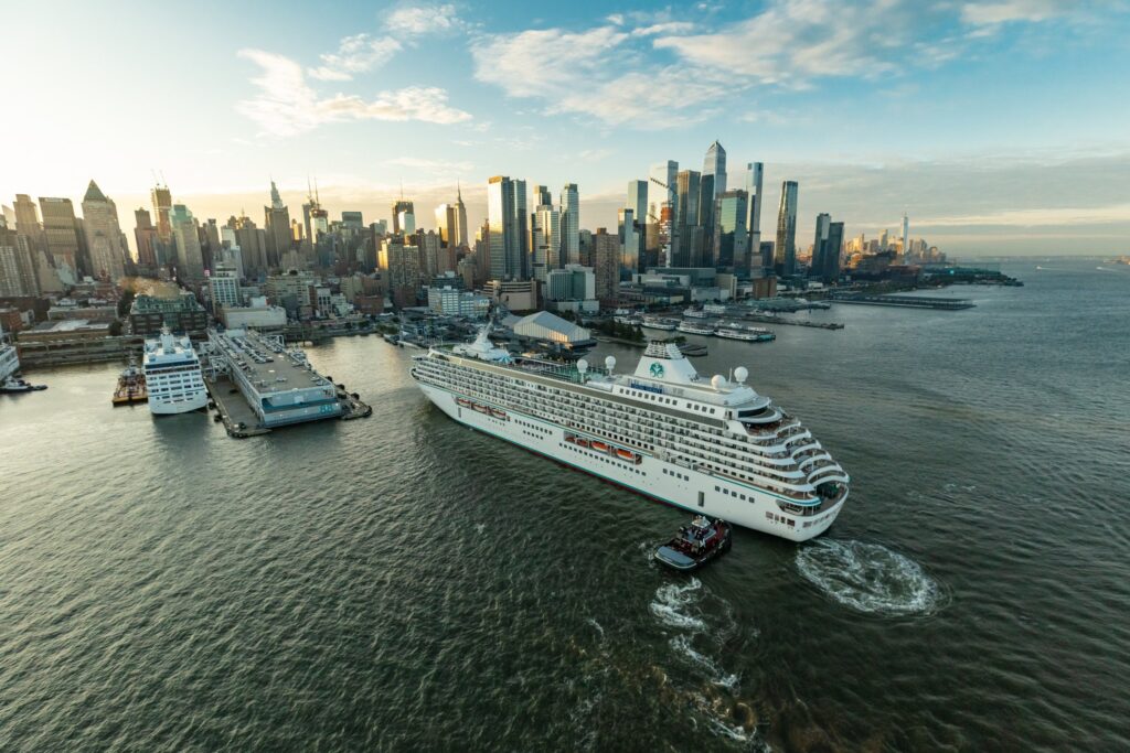 Aerial view of a Crystal cruise ship arriving at the Manhattan piers