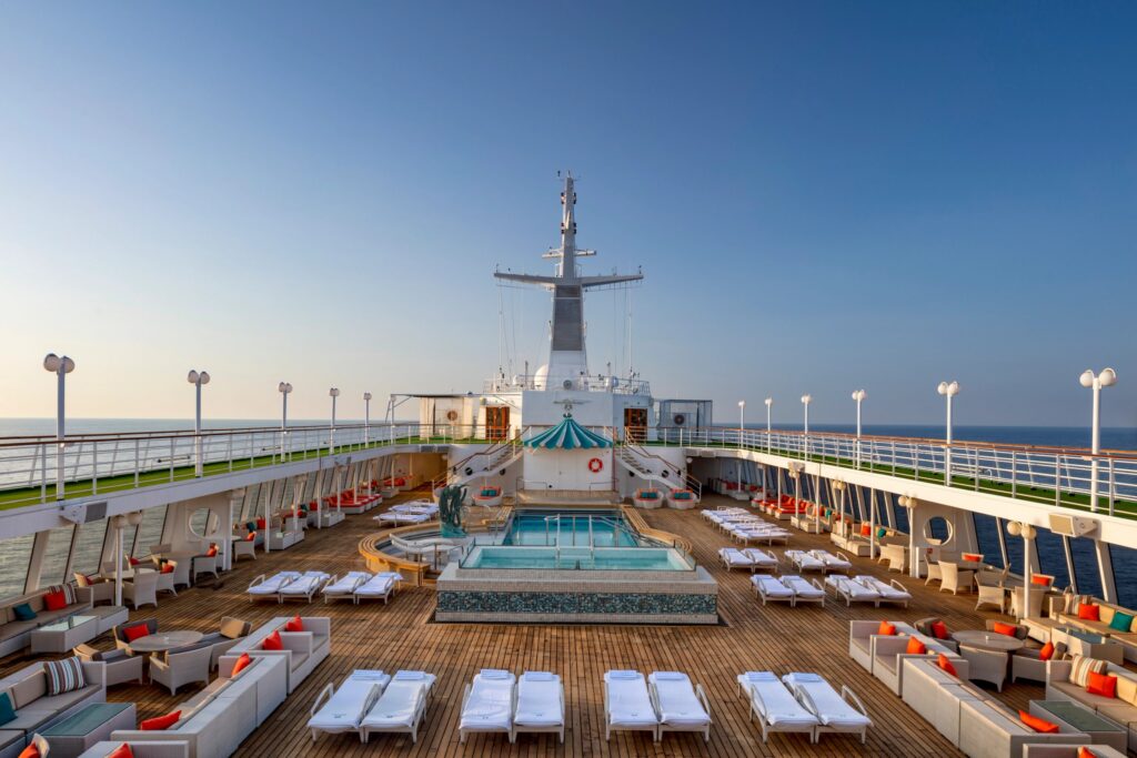 Aerial view of the Crystal pool deck and Seahorse Pool at sea