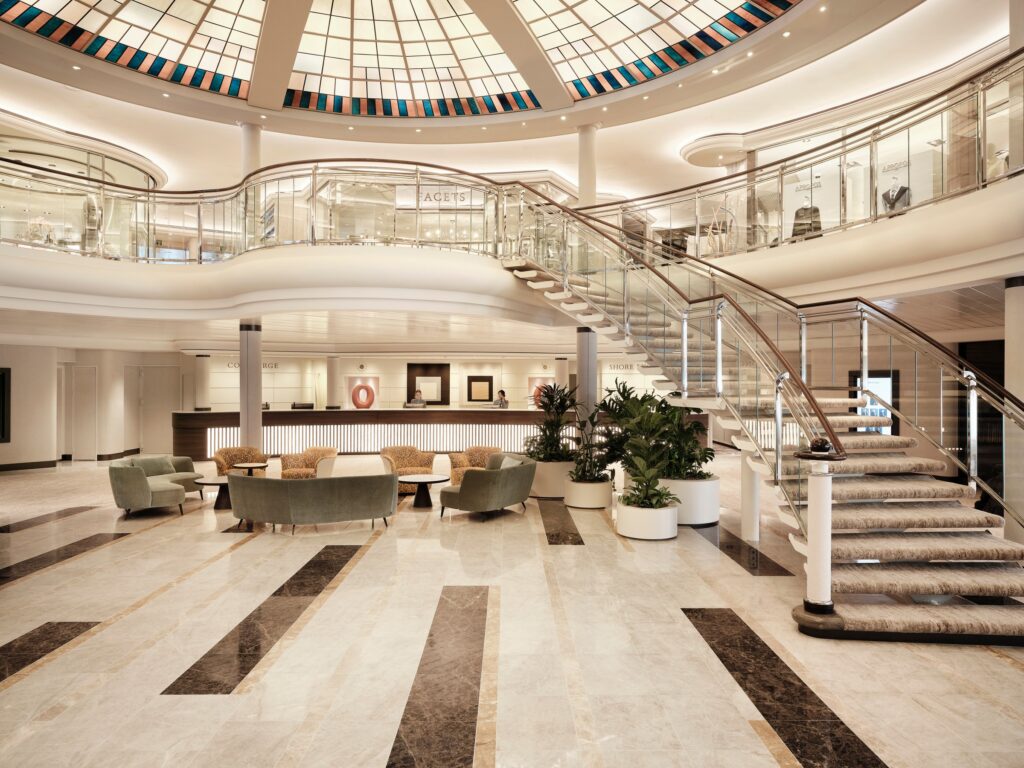 Bright social lounge aboard the refurbished Crystal Symphony