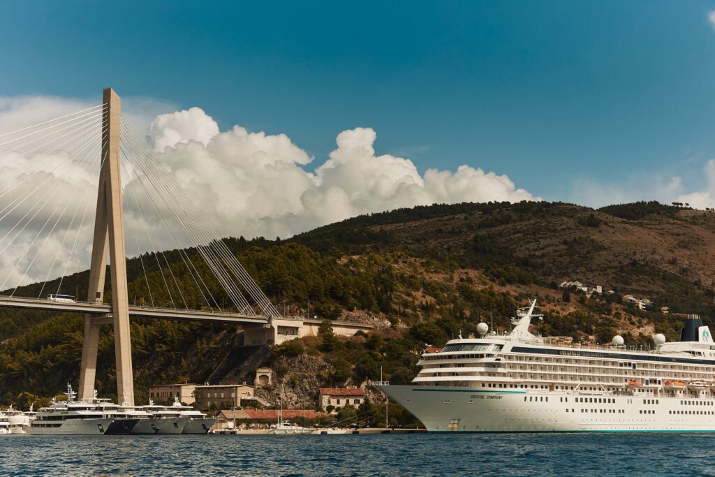Crystal cruise ship anchored beneath the Franjo Tudman Bridge near Dubrovnik, Croatia