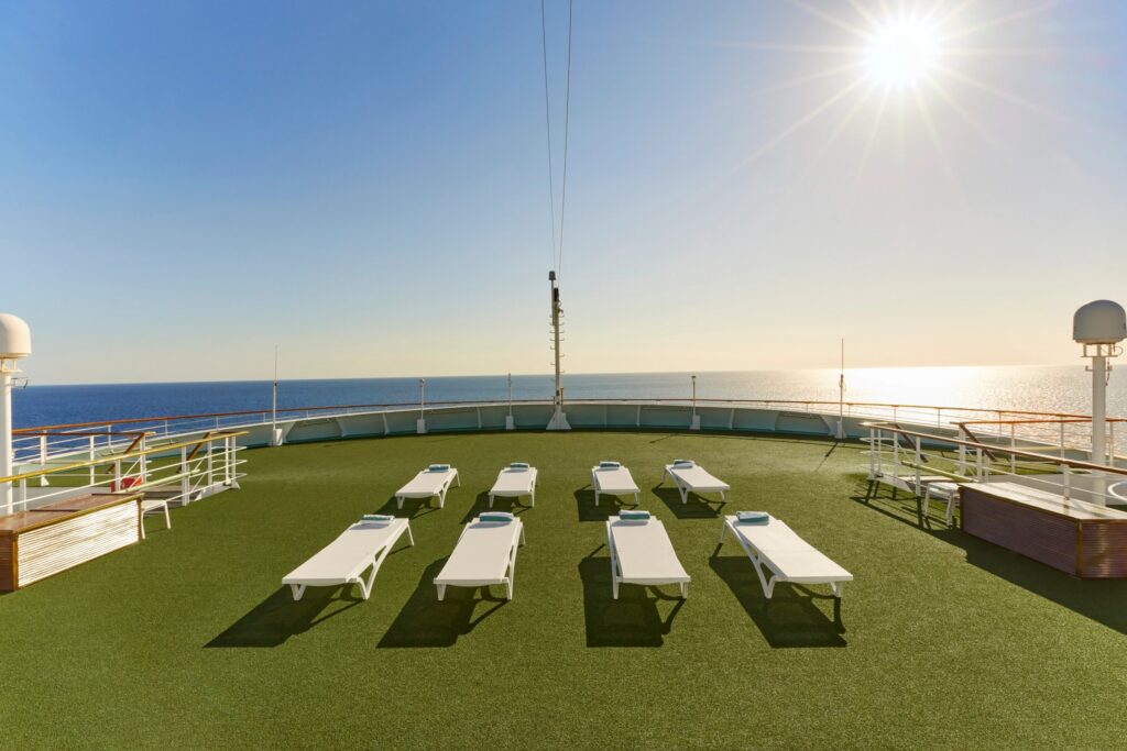 Observation Deck lounge chairs facing the sea aboard Crystal