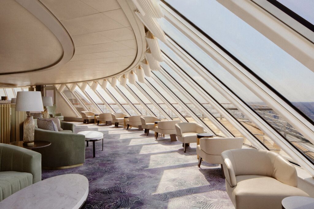 Palm Court lounge aboard Crystal with panoramic windows