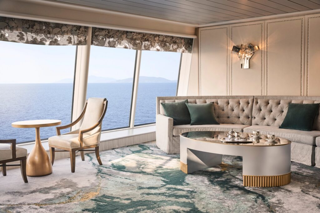 Palm Court lounge with sweeping sea views aboard Crystal