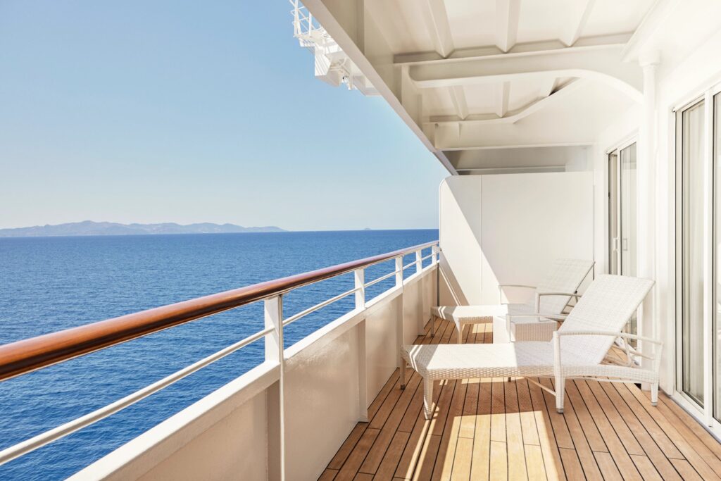 Private veranda with ocean view in a Crystal Serenity suite