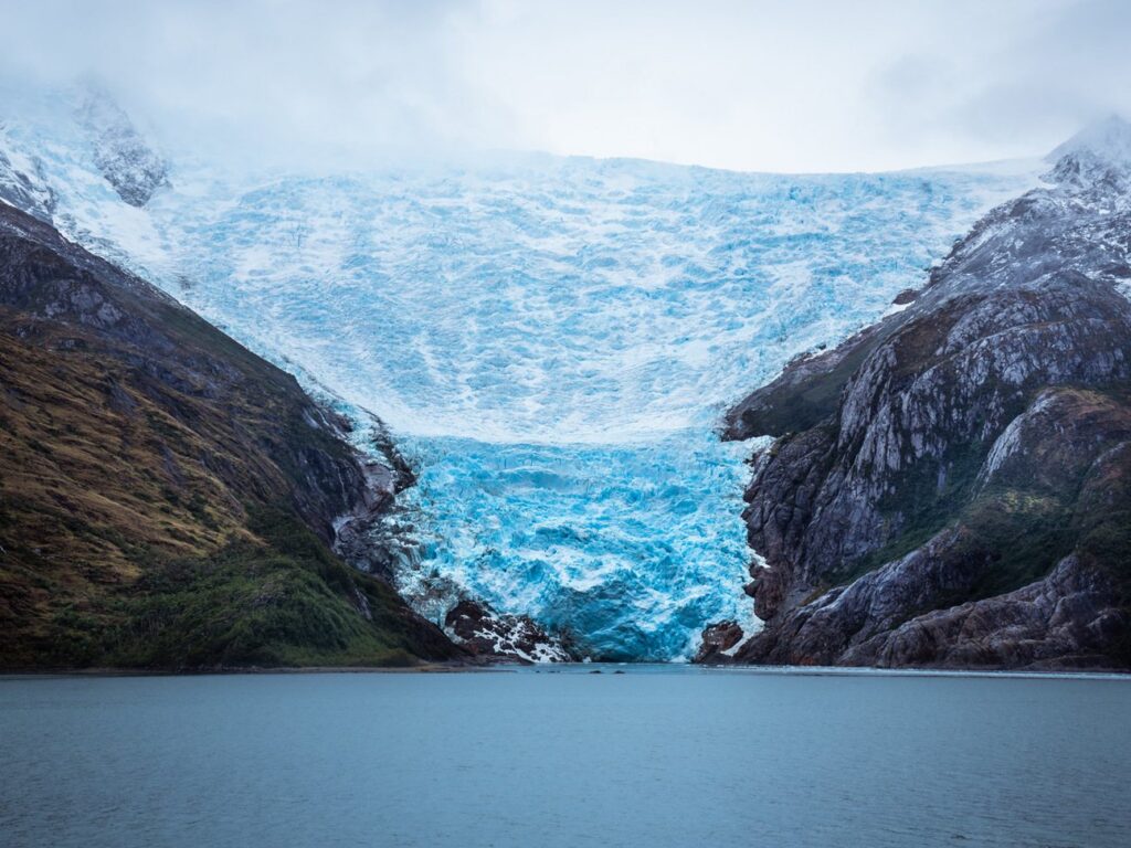 Glacier spilling into a Chilean fjord in Patagonia