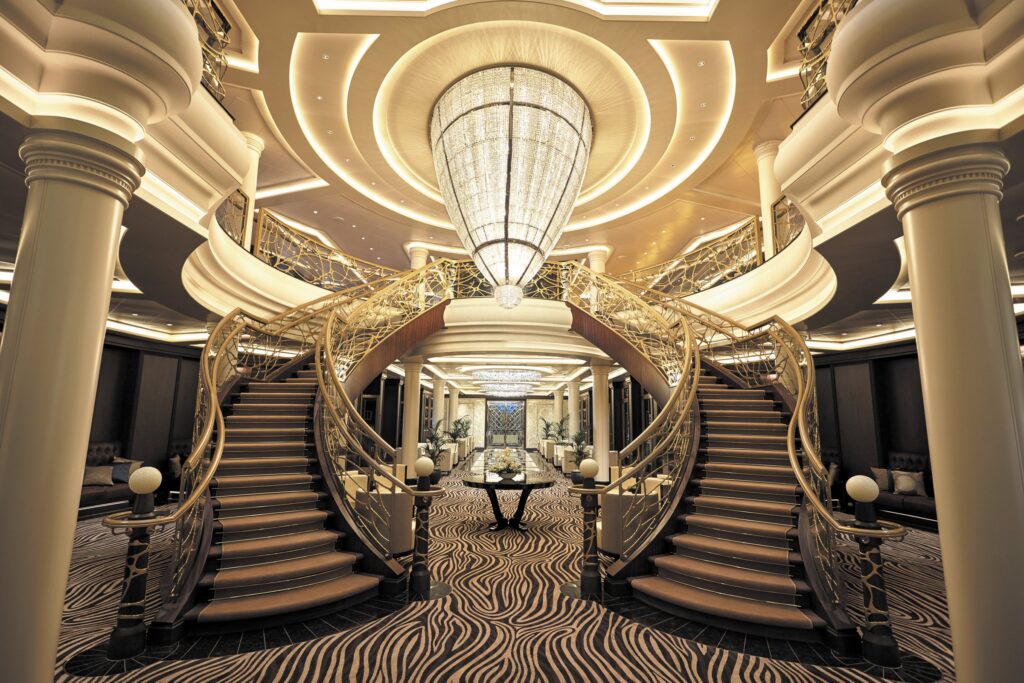 Grand atrium staircase aboard Regent Seven Seas Explorer