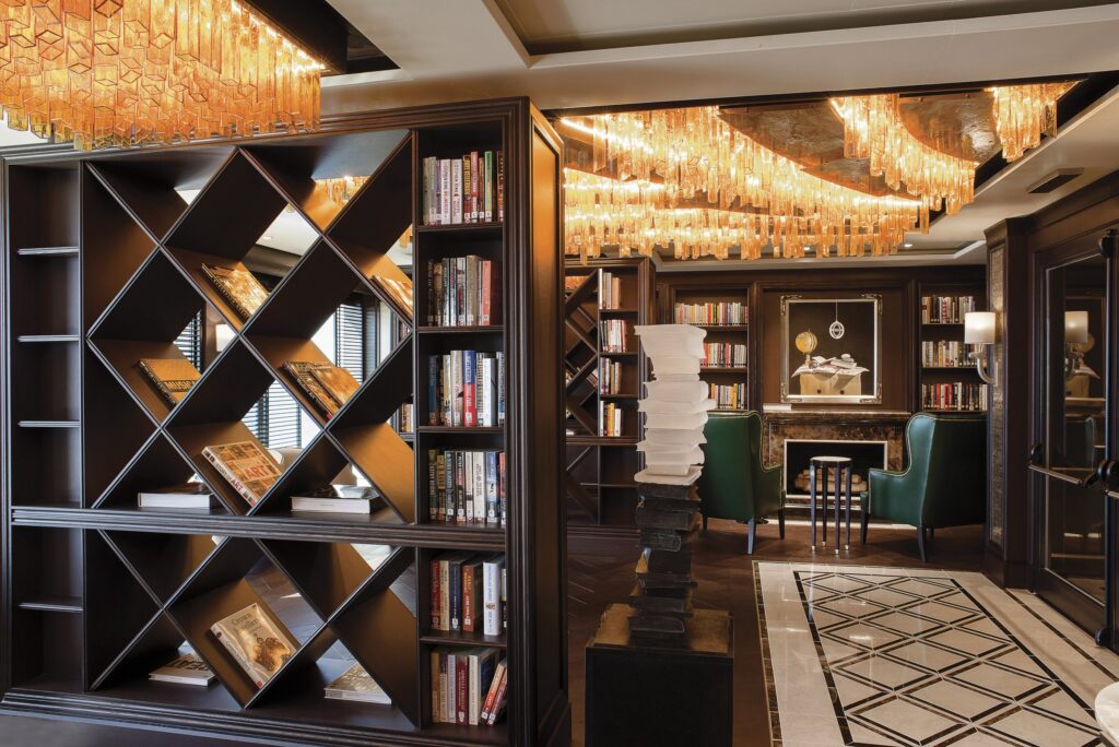 Library with wood shelves aboard Regent Seven Seas Explorer