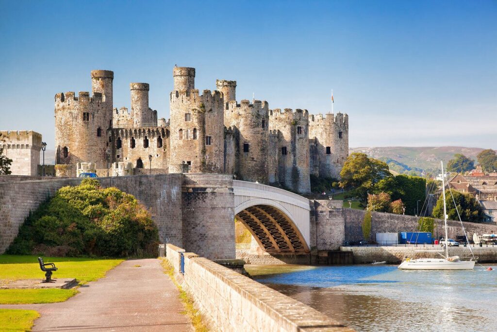 Medieval castle and bridge on the coast of Wales