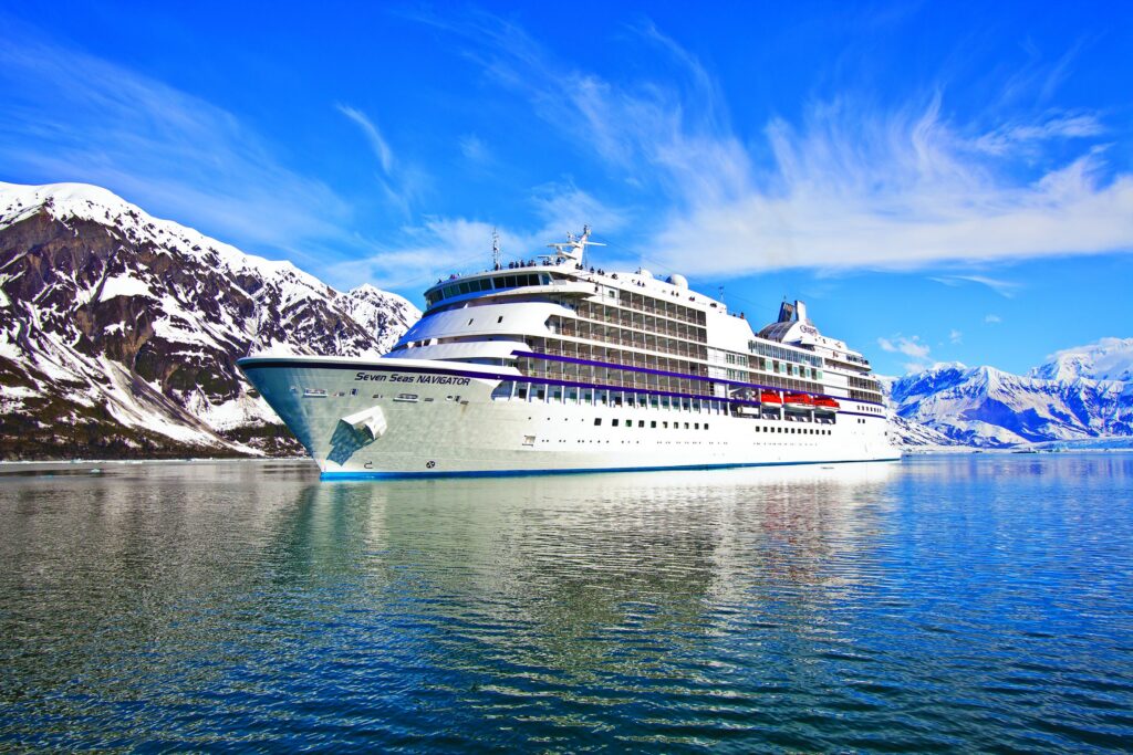 Regent Seven Seas Navigator in Alaska with snowy mountains