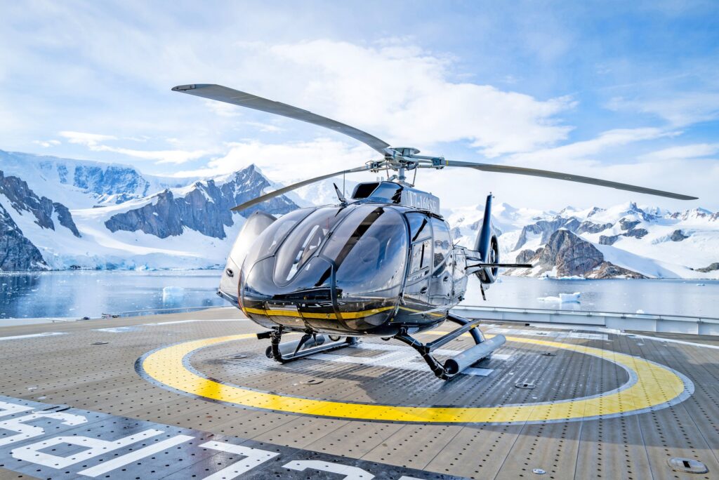 Scenic helicopter on the ship's helipad in Antarctica