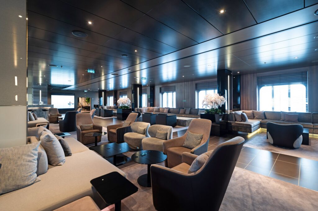 Scenic Lounge with panoramic windows aboard Scenic Eclipse