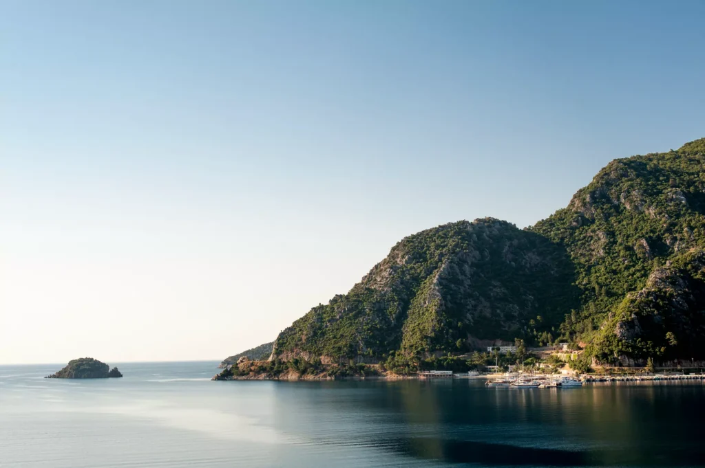 The Marmaris coastline with lush hills meeting the Mediterranean Sea