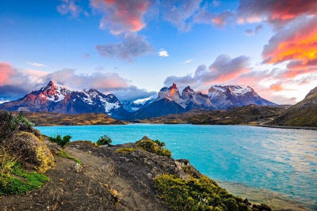 Torres del Paine peaks over Lake Pehoé, Patagonia