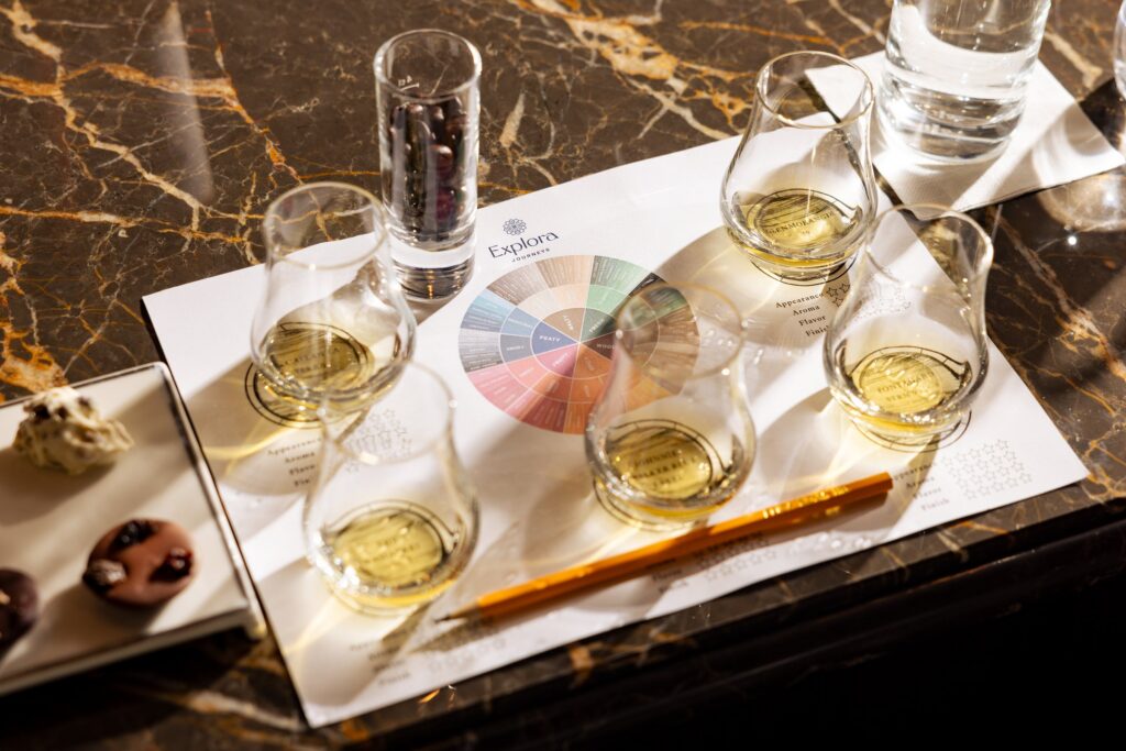 White wine tasting flight aboard Explora Journeys